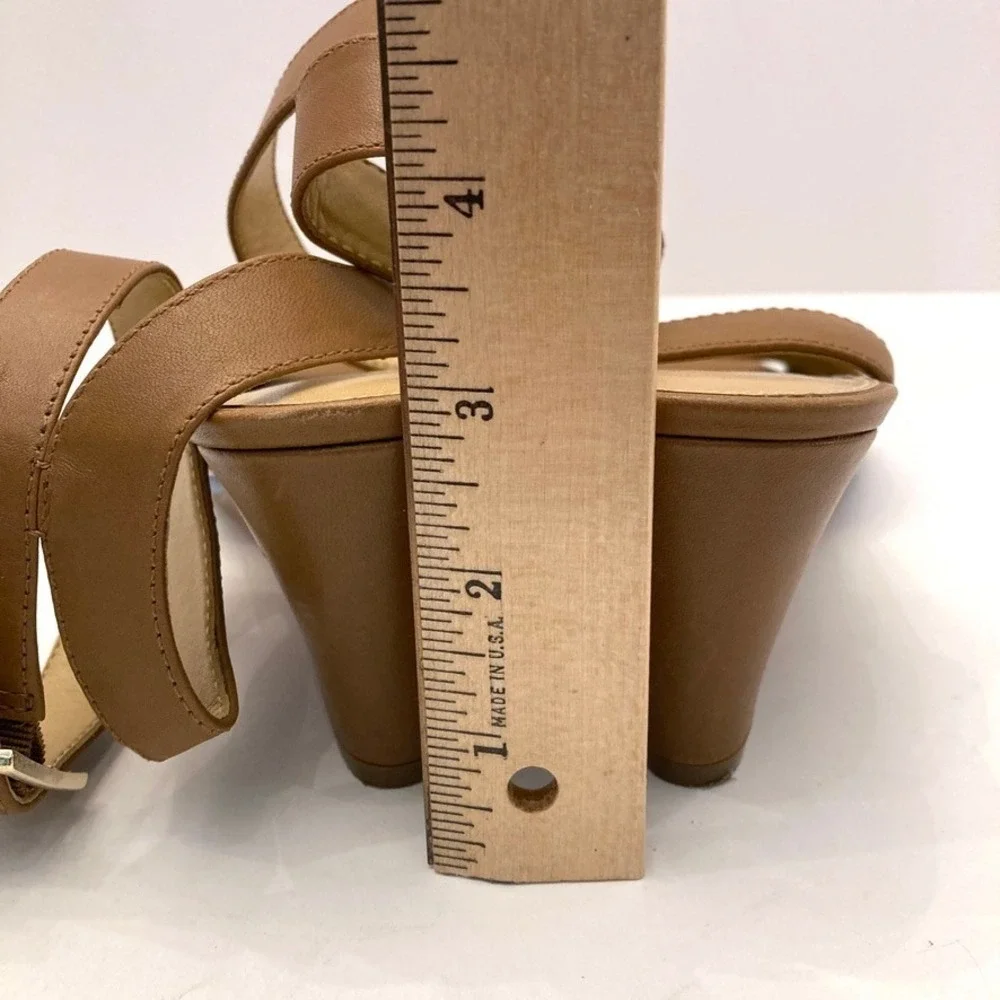 Talbots Vivian Blue Striped Sandal Tan Leather Ankle Strap Womens 8.5 Wedge Heel